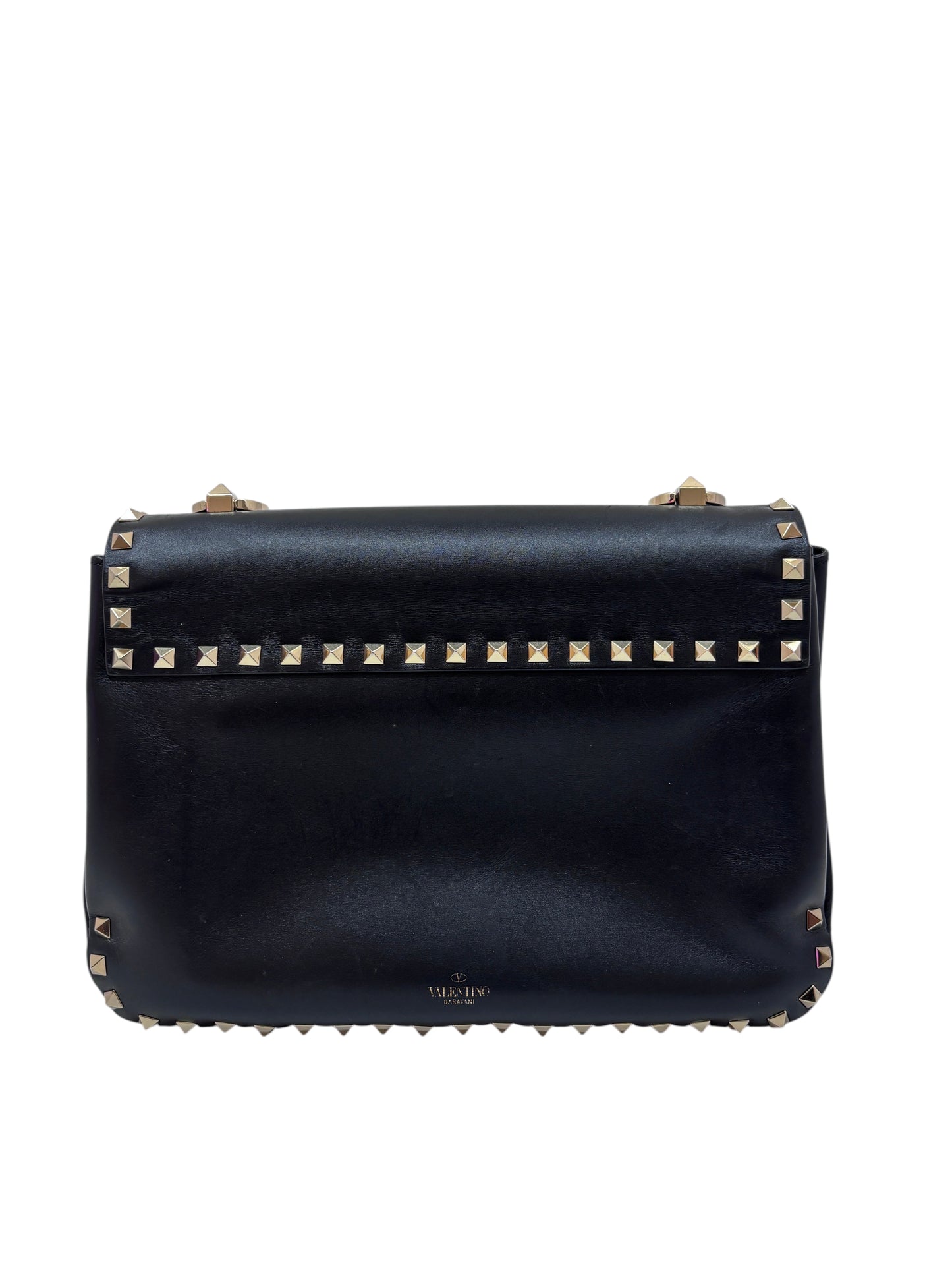 Posh Purse Co. black Valentino Rockstud flap bag with gold-tone pyramid stud detailing and a structured silhouette.