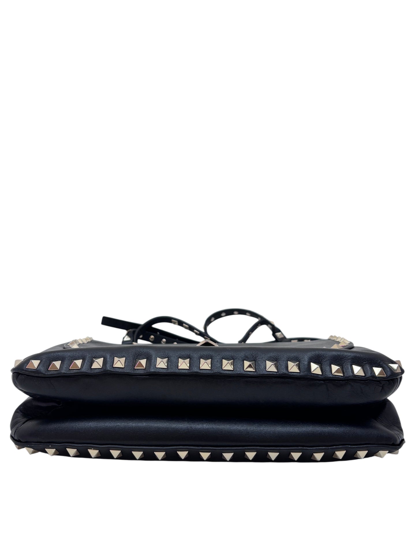 Posh Purse Co. preloved black Valentino Rockstud flap bag featuring signature pyramid stud detailing on a white background