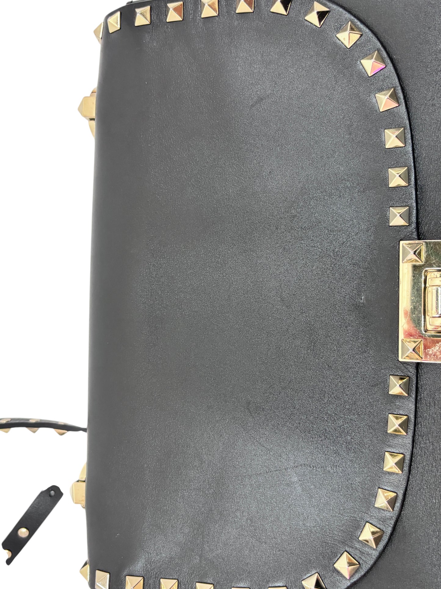 Posh Purse Co. black Valentino Rockstud flap bag with gold pyramid studs and flip-lock closure