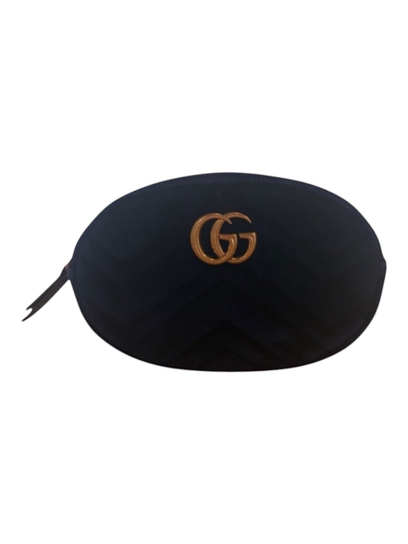 Posh Purse Co. black velvet matelassé GG belt bag with gold GG logo and zip closure.