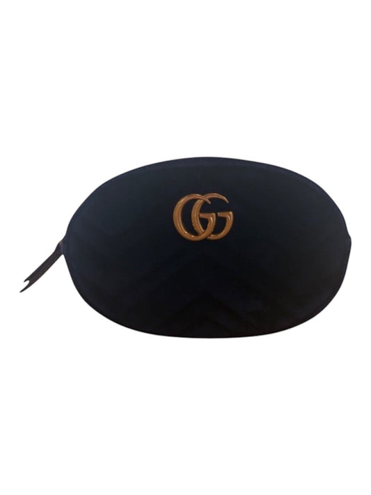 Posh Purse Co. black velvet matelassé GG belt bag with gold GG logo and zip closure.