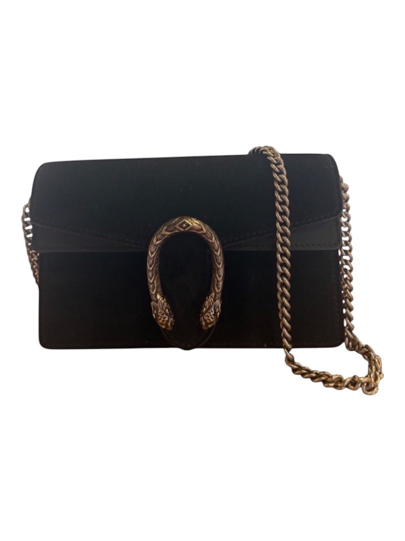 Posh Purse Co. black velvet Gucci Mini Dionysus bag with antique silver-tone tiger head closure and chain strap.