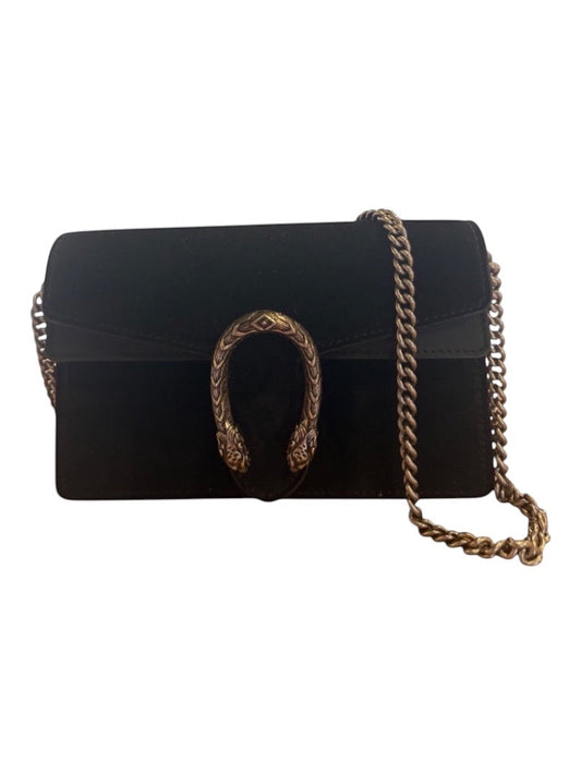 Posh Purse Co. black velvet Gucci Mini Dionysus bag with antique silver-tone tiger head closure and chain strap.