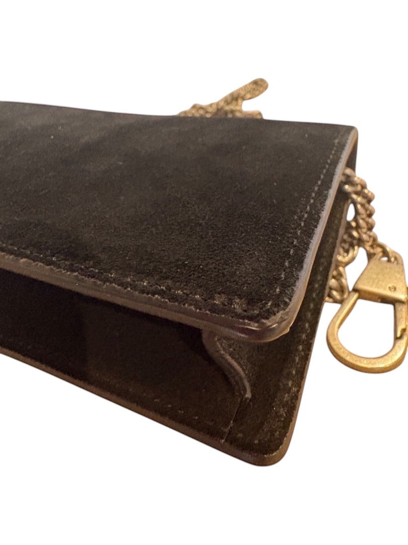 Posh Purse Co. black velvet Gucci Mini Dionysus bag with antique silver-tone tiger head closure and sliding chain strap.