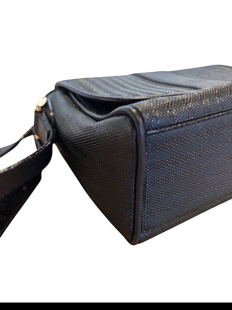 Posh Purse Co. black vintage Fendi crossbody bag with textured material and adjustable strap.