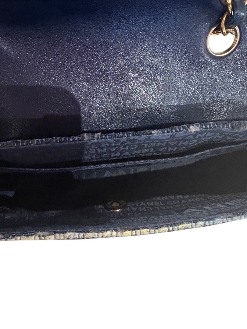 Posh Purse Co blue Chanel vintage jeweled sequin tweed bag interior with gold chain detail.