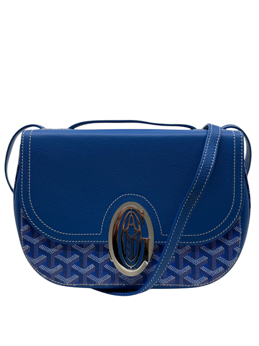 Posh Purse Co. blue Goyard 233 shoulder bag with signature chevron canvas, leather trim, and silver-tone clasp closure.