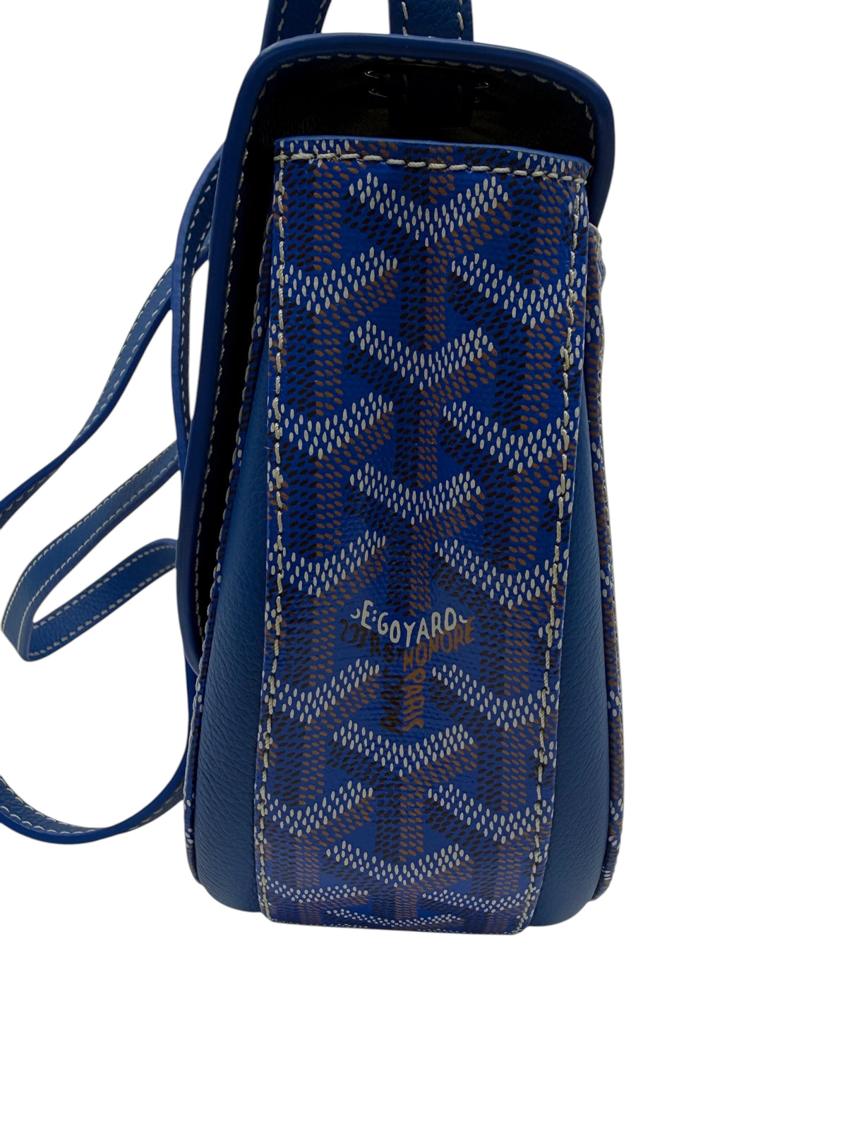 Posh Purse Co. blue Goyard 233 shoulder bag side view featuring signature Goyardine canvas and leather trim