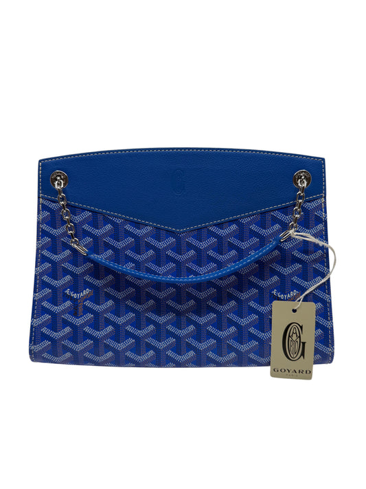 Posh Purse Co blue Goyardine canvas chain tote bag with leather trim and brand tag