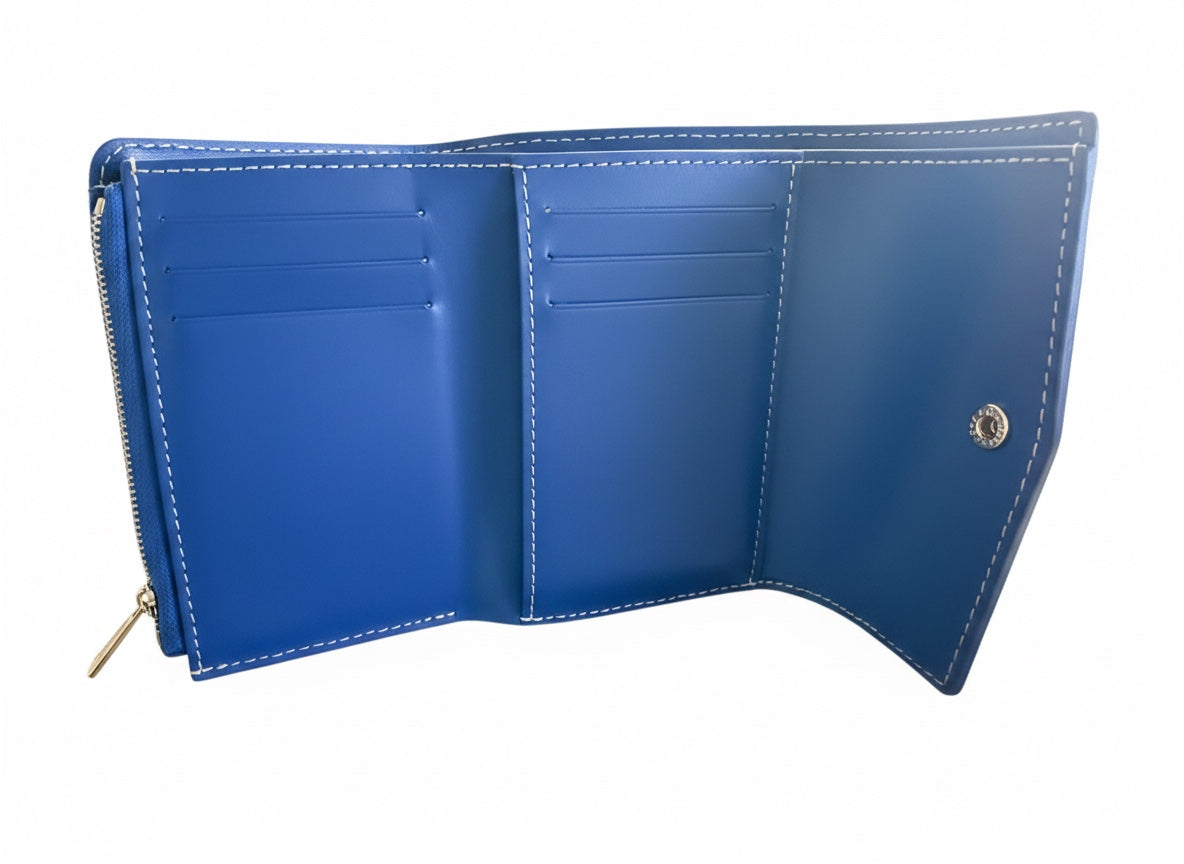 Posh Purse Co blue Goyard Saint Gabriel trifold wallet interior with card slots and zippered coin compartment