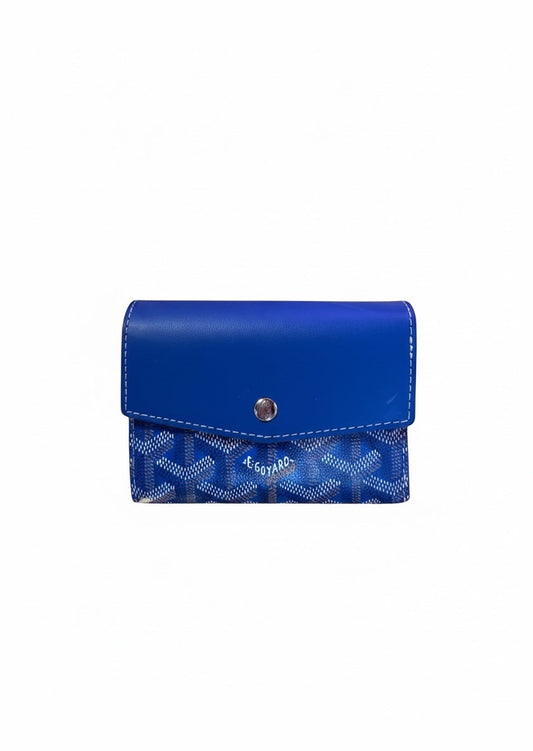 Posh Purse Co blue Goyard Saint Gabriel trifold wallet in Goyardine canvas with calfskin trim and snap closure.