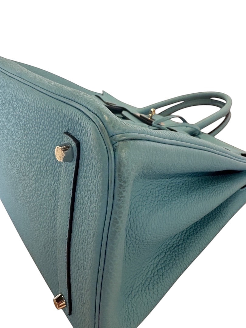 Posh Purse Co blue Togo leather Hermes Birkin 35 bag with palladium hardware, showing textured leather and structured shape.