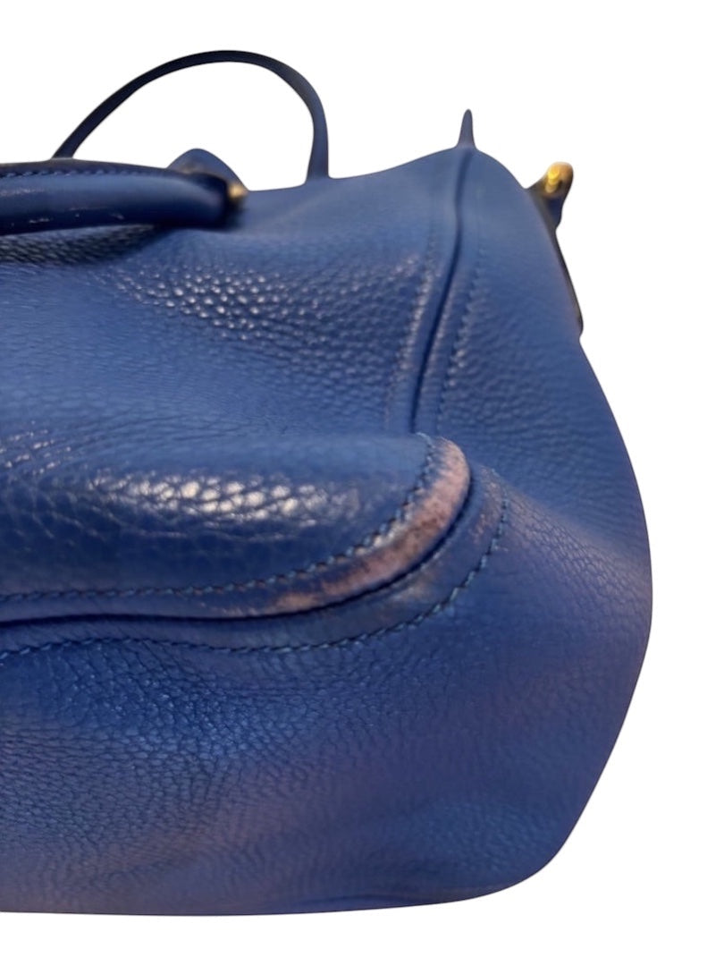 Posh Purse Co. blue Prada Vitello Daino leather handbag with textured finish and dual handles.