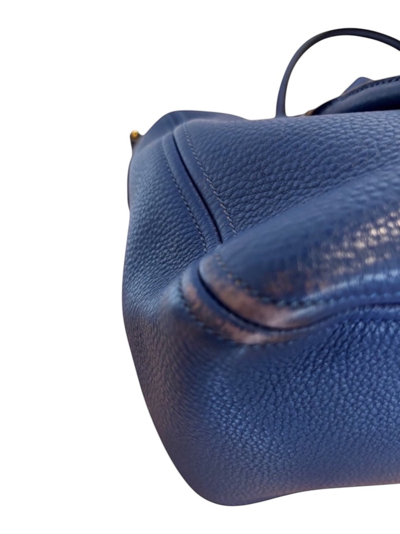 Posh Purse Co. blue Prada Vitello Daino leather handbag with textured finish and dual handles.