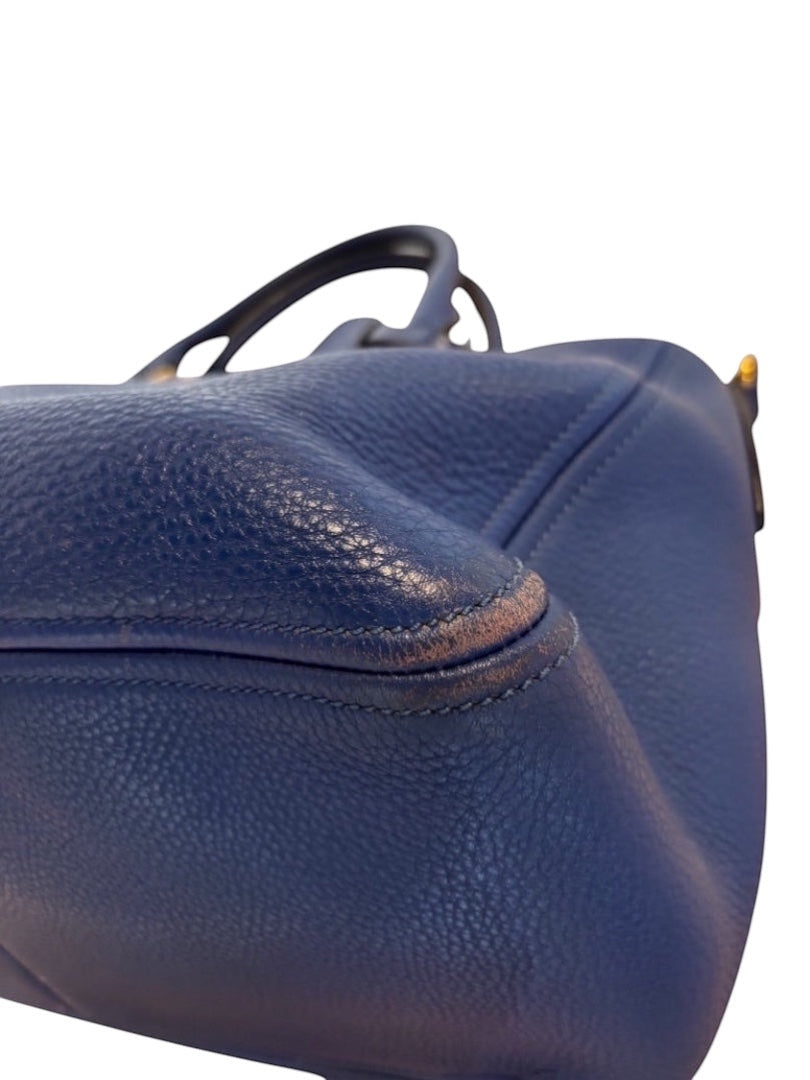 Posh Purse Co. blue Prada Vitello Daino leather handbag with textured finish and dual handles.