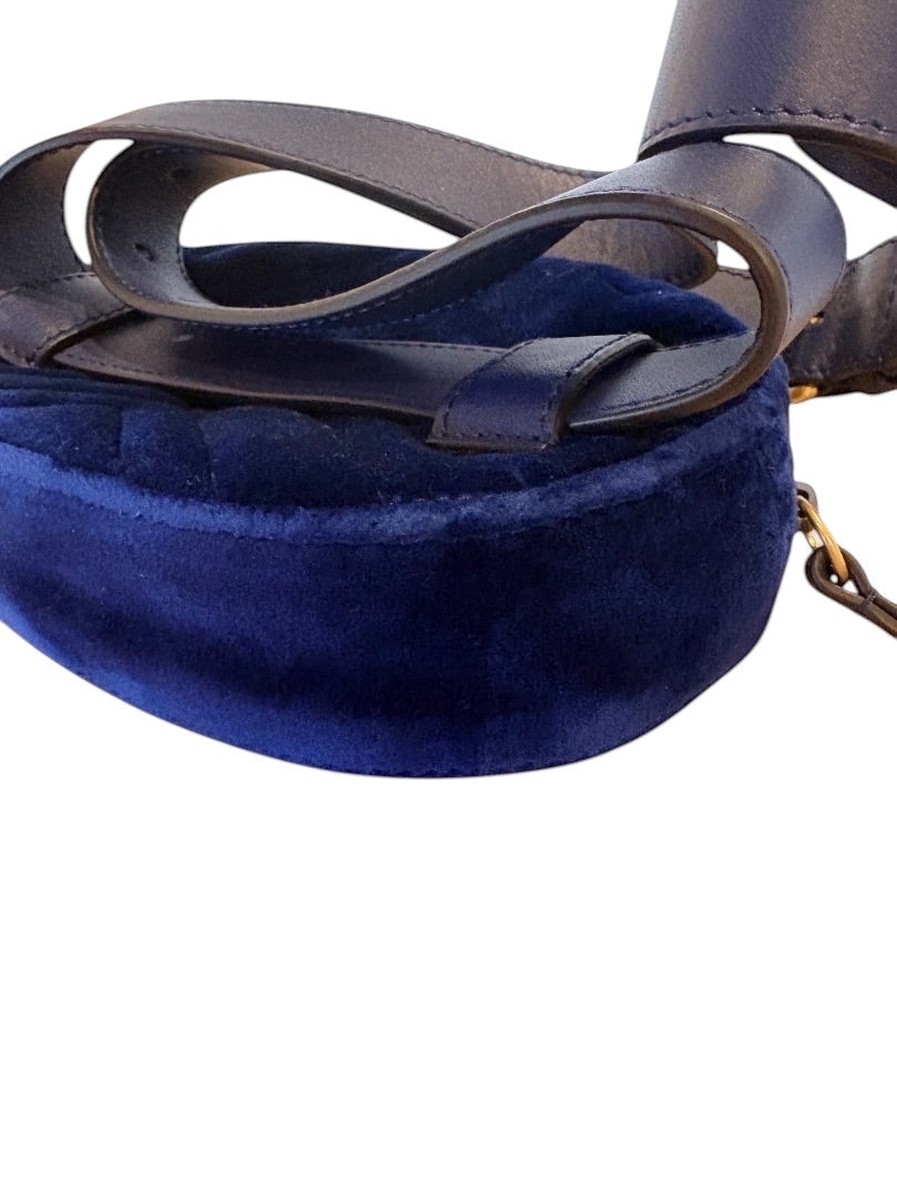 Posh Purse Co. blue velvet matelassé GG belt bag with adjustable leather strap.
