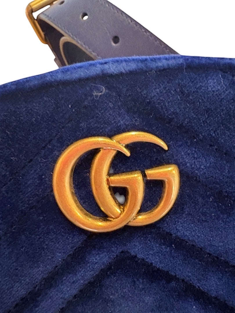 Posh Purse Co. blue velvet matelassé Gucci belt bag with gold GG logo and adjustable strap
