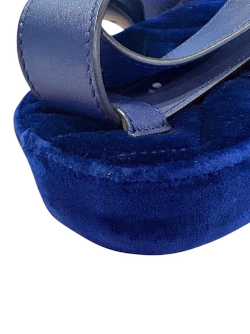 Posh Purse Co. blue velvet matelassé GG belt bag with chevron quilting and leather straps.