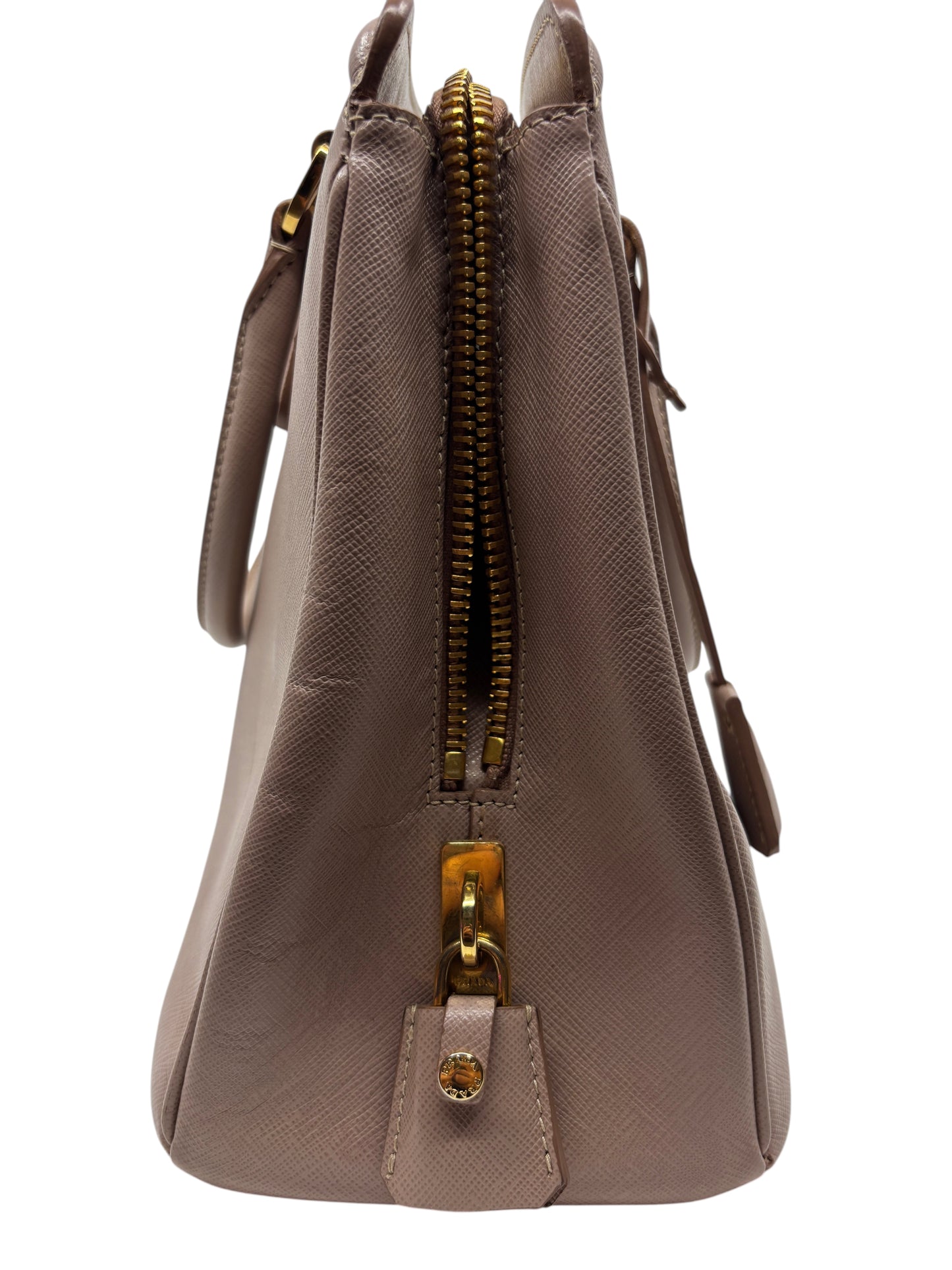 Posh Purse Co. blush Prada Saffiano leather tote bag side view with gold zipper and hardware detail