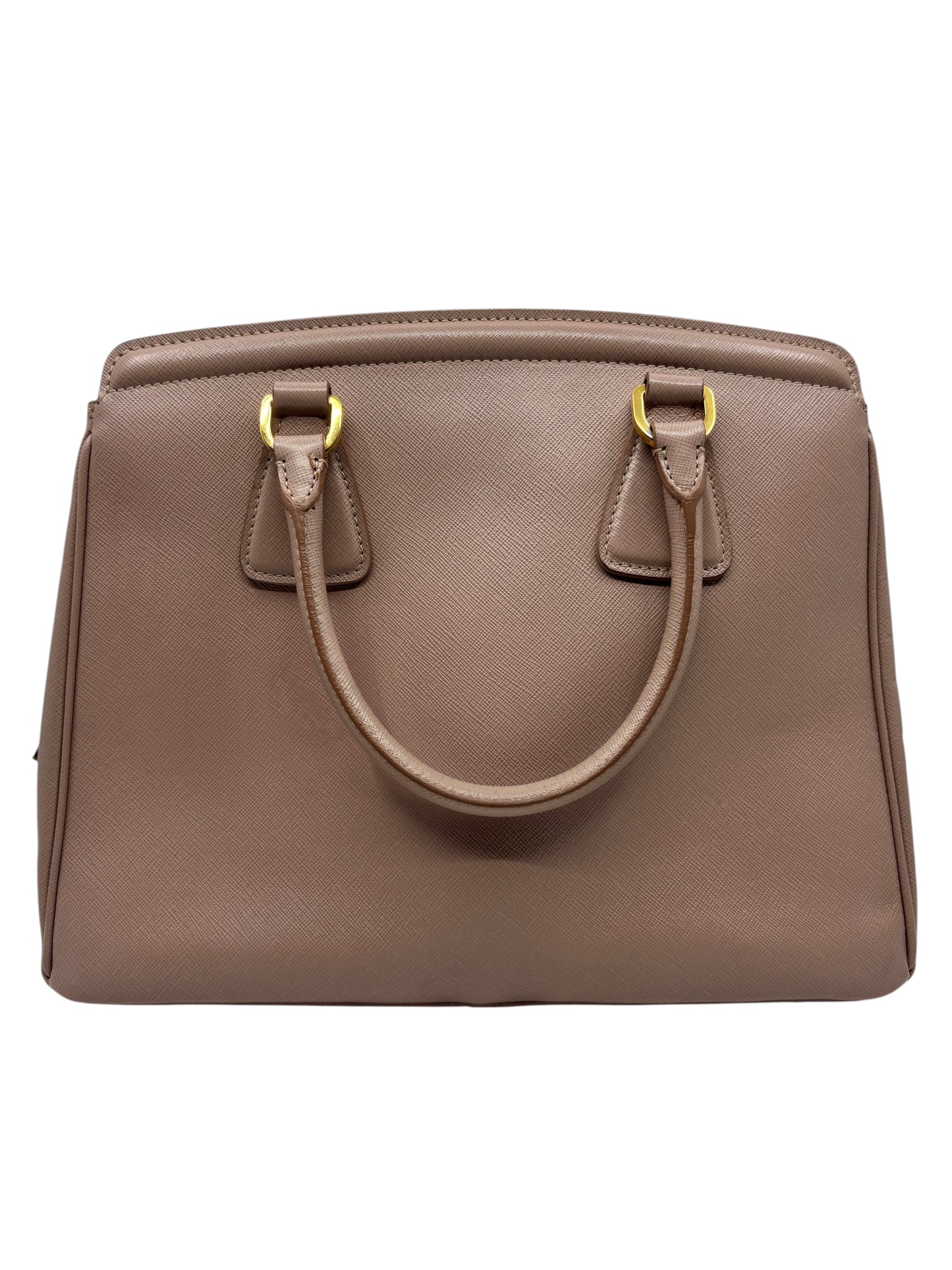 Posh Purse Co. blush beige Saffiano leather Prada tote bag with gold hardware and structured top handles.