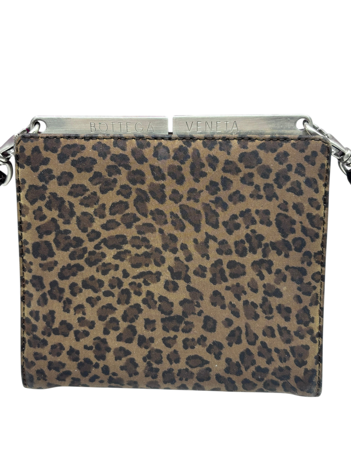 Posh Purse Co vintage Bottega Veneta leopard print box-frame crossbody bag with silver-tone metal hardware.