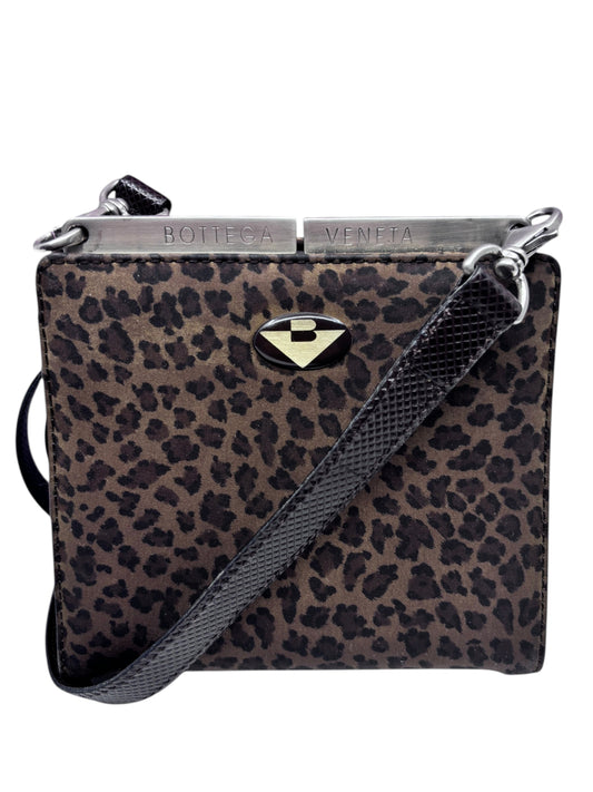 Posh Purse Co vintage Bottega Veneta leopard print box-frame crossbody bag with silver hardware and black strap