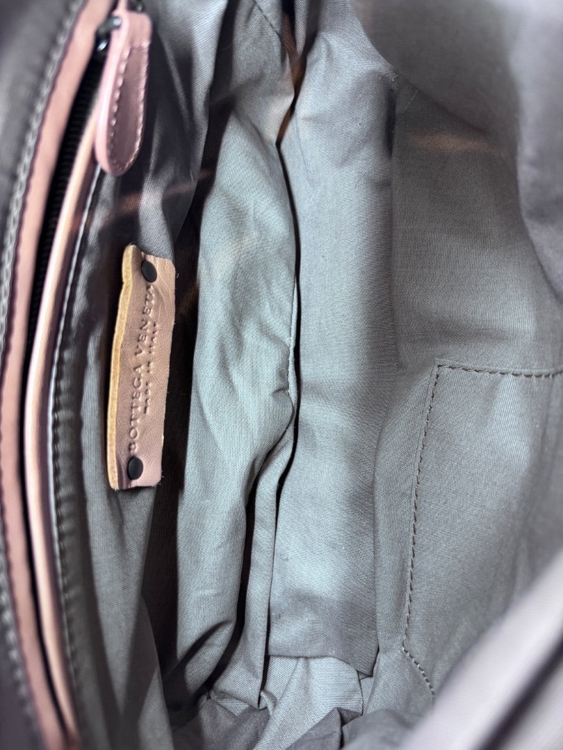 Interior of Posh Purse Co preloved Bottega Veneta Intrecciato shoulder bag showing grey lining and leather logo tag