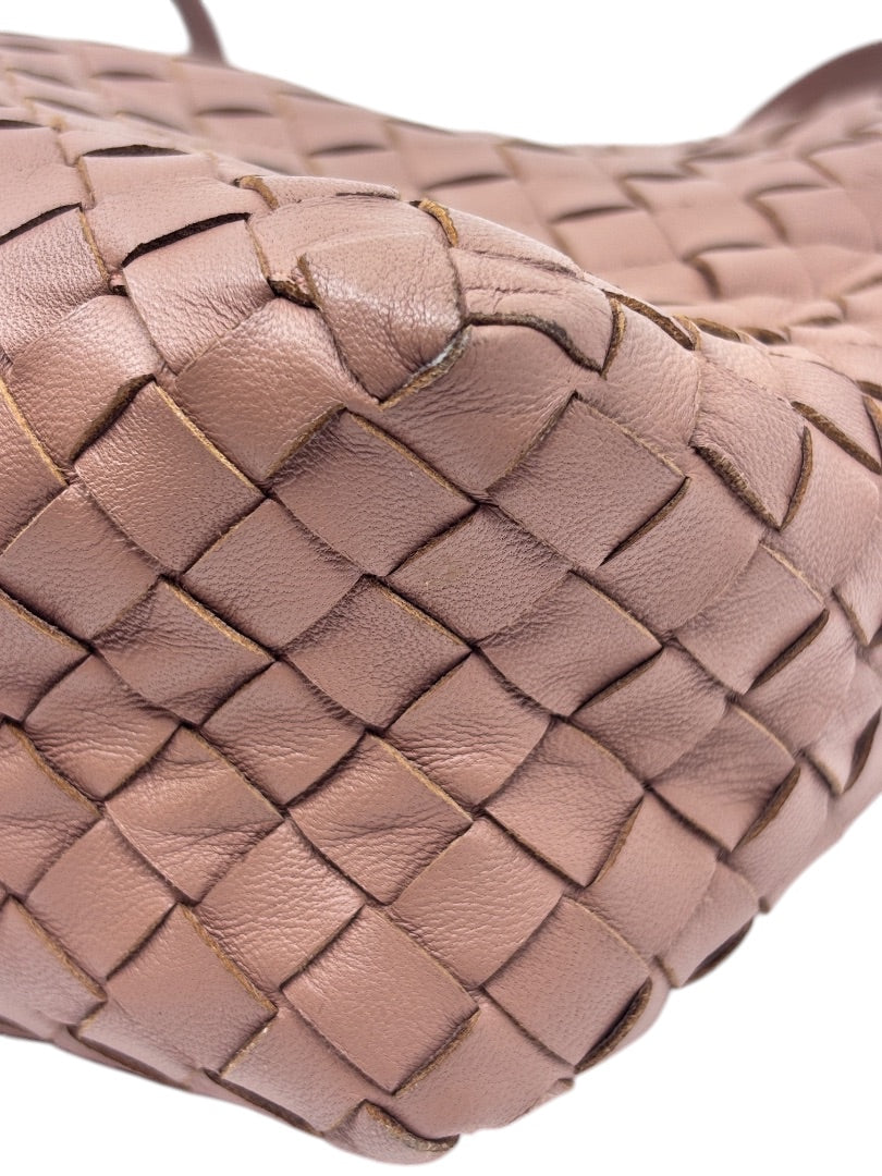 Posh Purse Co Bottega Veneta tan Intrecciato woven leather shoulder bag showing detailed texture and corner wear