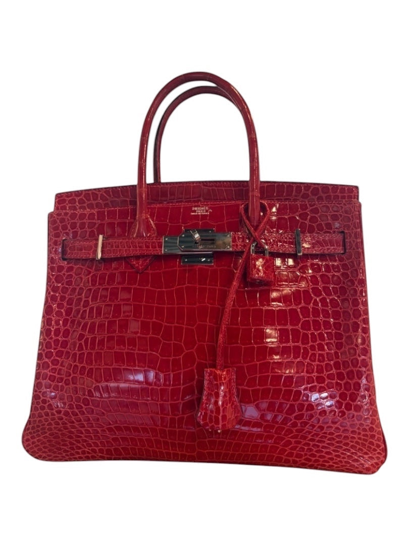 Posh Purse Co Braise red crocodile Birkin 30 handbag with palladium hardware and top handles.