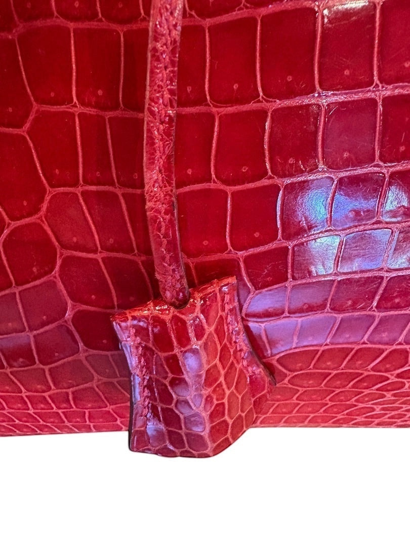 Posh Purse Co Braise red crocodile Birkin 30 handbag with palladium hardware and signature clochette.