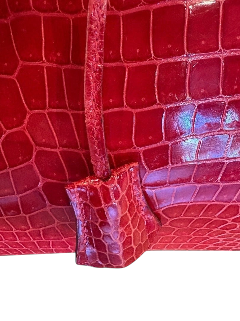 Posh Purse Co Braise red crocodile Birkin 30 handbag with palladium hardware and signature clochette.