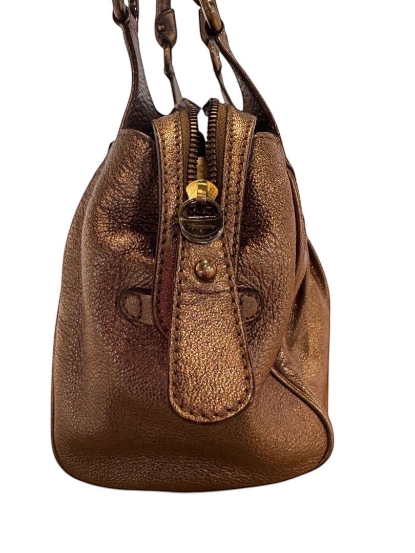 Posh Purse Co metallic bronze leather Ferragamo Mancini shoulder bag with Gancini hardware and zip closure.