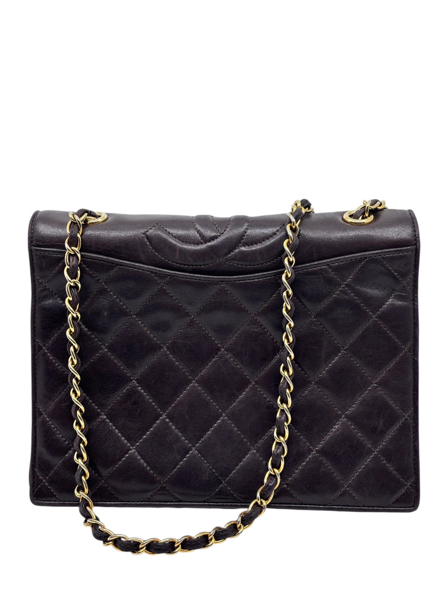 Posh Purse Co preloved brown Chanel quilted Timeless Flap crossbody bag with gold chain strap