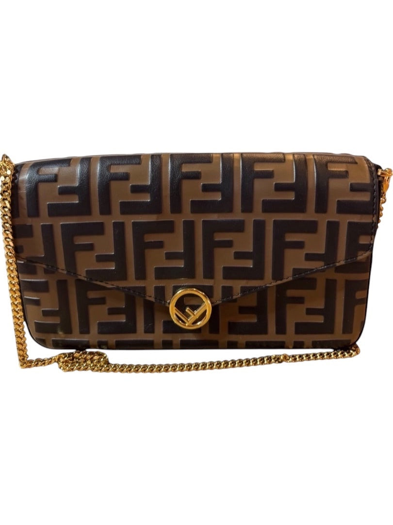 Posh Purse Co brown Fendi Vitello Soft FF embossed leather wallet on chain with gold hardware and chain strap.