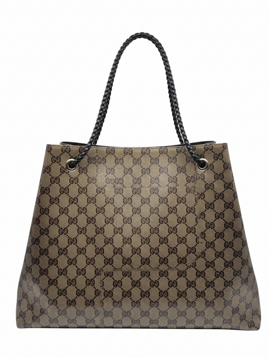 Posh Purse Co. vintage brown Gucci Gifford tote bag featuring the iconic GG monogram print and braided black handles.