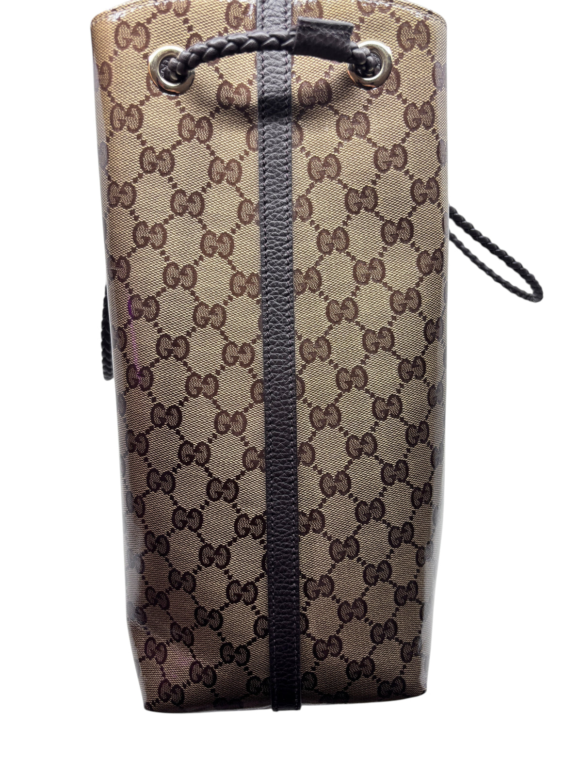 Posh Purse Co. vintage brown Gucci Gifford tote bag featuring the iconic GG monogram canvas and braided leather handles.