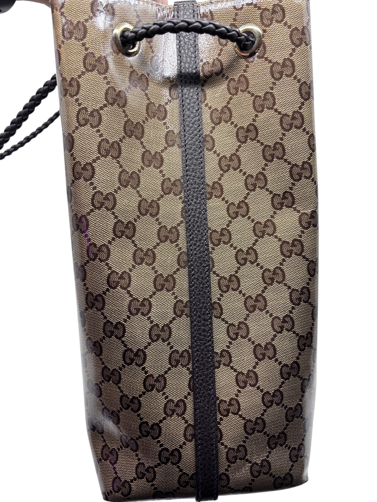 Posh Purse Co. vintage brown Gucci Gifford tote bag featuring the iconic GG monogram print and braided leather handles.