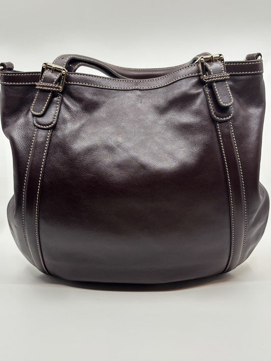 Posh Purse Co. brown leather tote bag with white stitching and gold buckle details. Iconic GG logo.