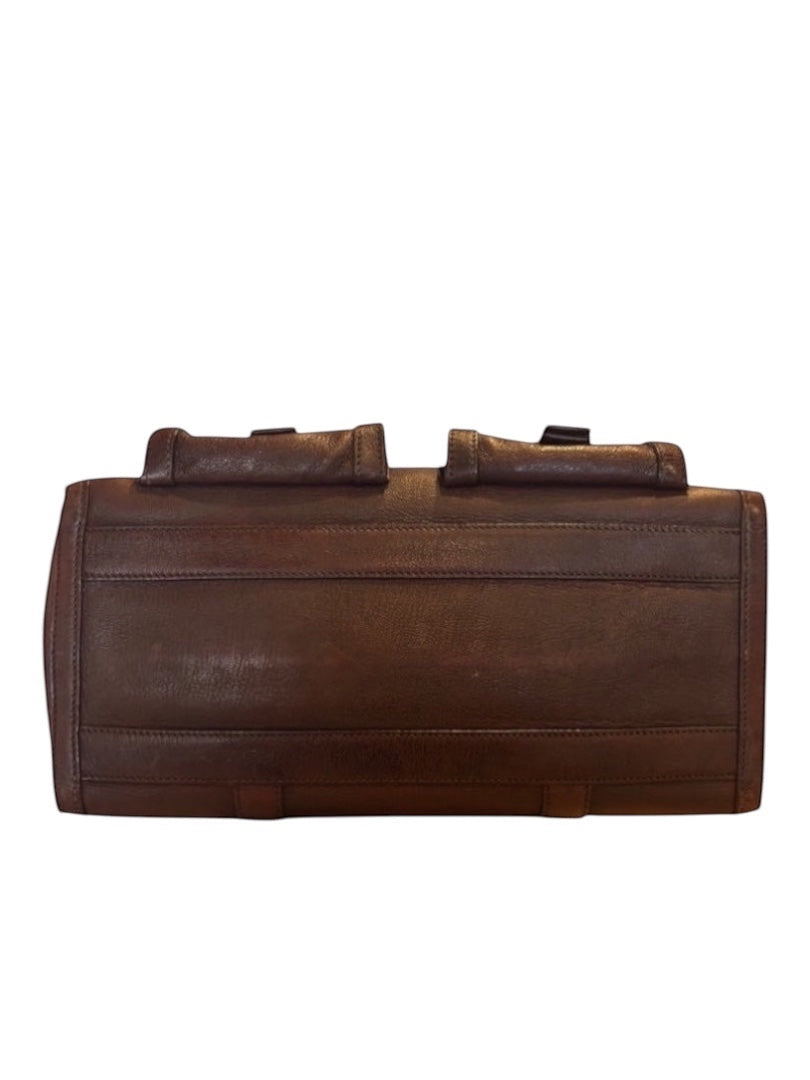 Posh Purse Co brown leather saddle tote handbag with top handles and structured design.