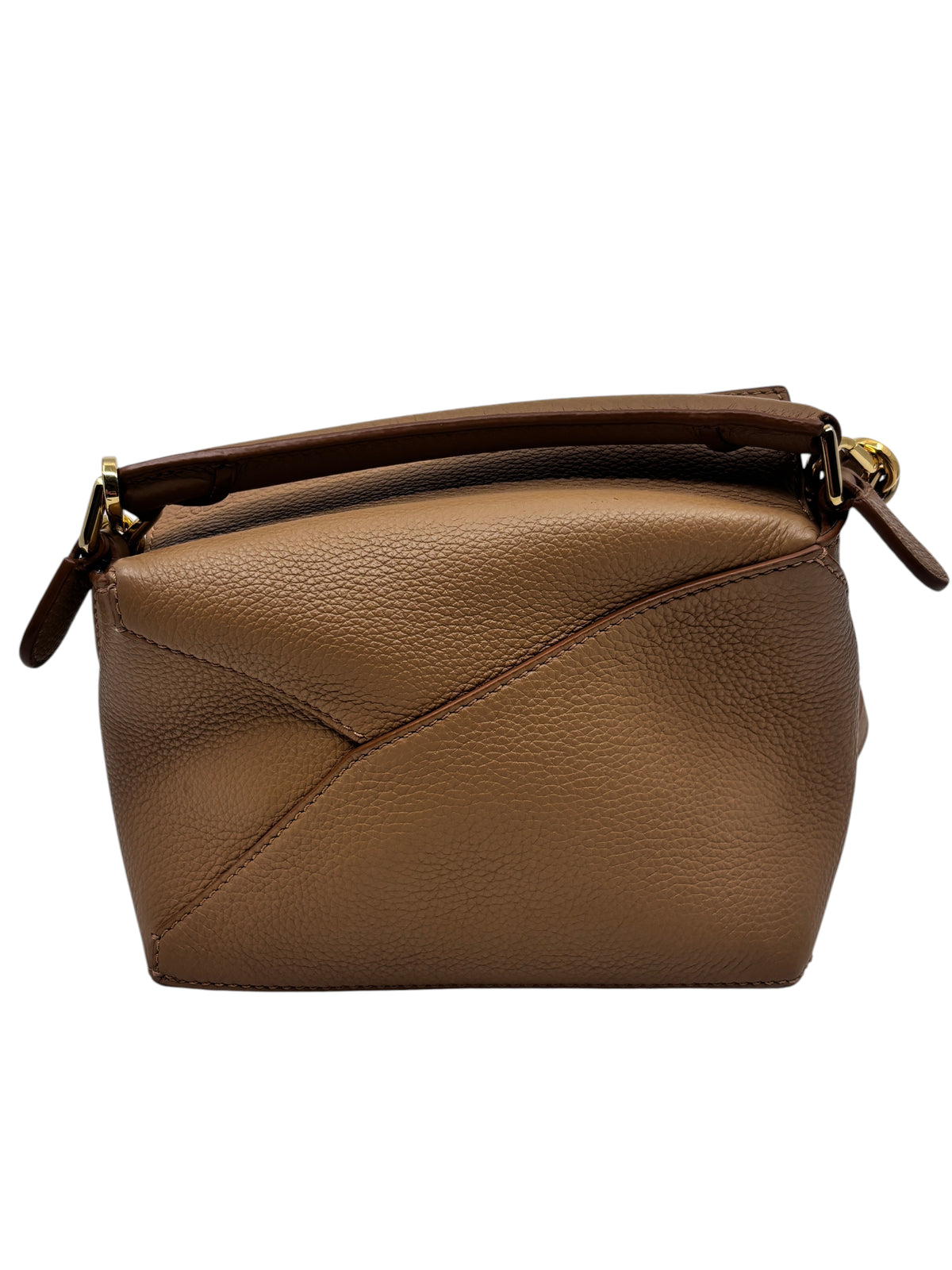 Posh Purse Co preloved brown leather Loewe Mini Puzzle bag with signature geometric panels and gold hardware.