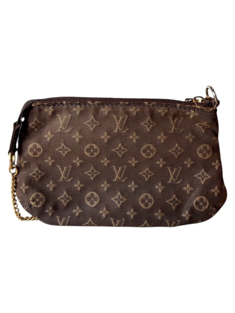 Posh Purse Co. brown Louis Vuitton Monogram Idylle Mini Pochette with gold chain detail and zip closure.