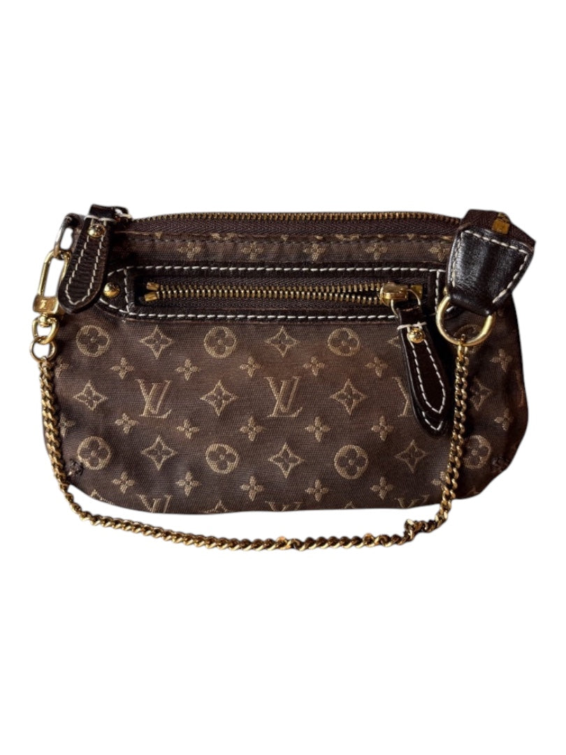 Posh Purse Co. brown Louis Vuitton Monogram Idylle Mini Pochette with gold chain detail and zip closure.