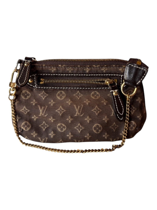 Posh Purse Co. brown Louis Vuitton Monogram Idylle Mini Pochette with gold chain detail and zip closure.