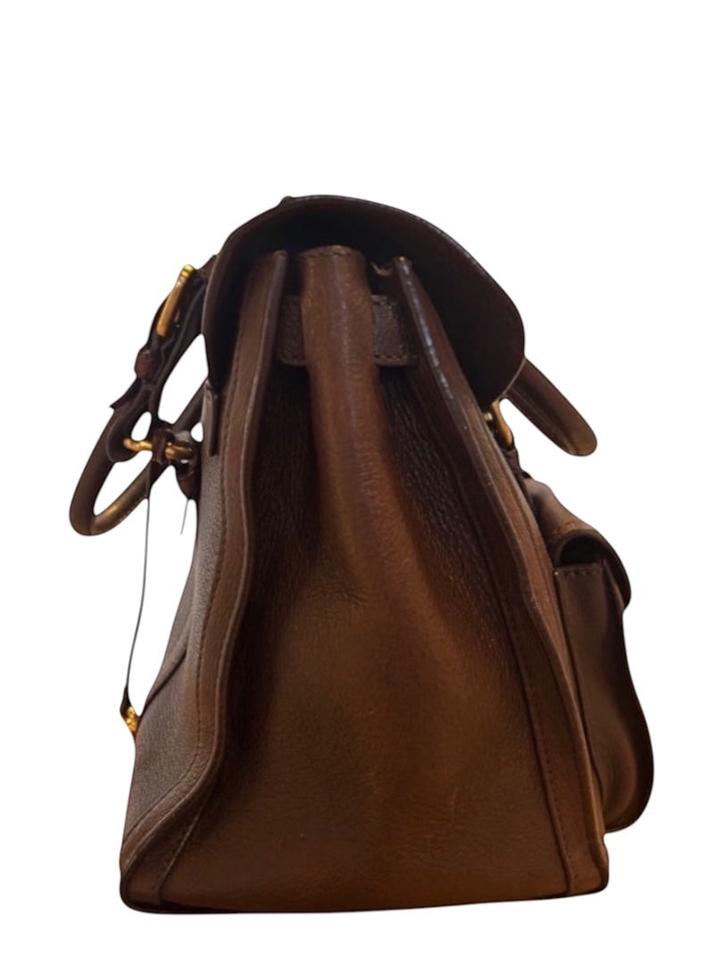 Posh Purse Co brown leather Prada saddle tote handbag with gold hardware and a classic silhouette.