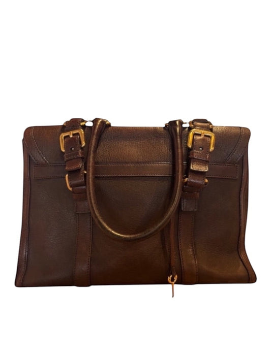 Posh Purse Co Brown Prada Saddle Tote with gold buckle details and top handles. Leather handbag.