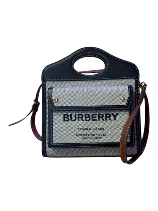 Posh Purse Co. Burberry black leather and canvas crossbody bag with front pocket and logo.
