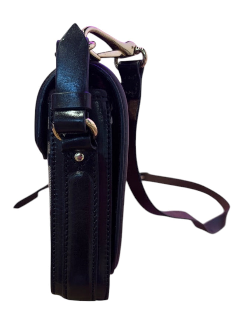 Posh Purse Co. black canvas and suede Burberry crossbody bag with adjustable strap and gold hardware.