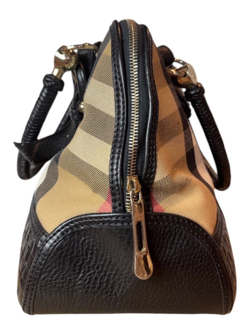 Posh Purse Co Burberry Brit House Check Bag in canvas and black leather with gold hardware.
