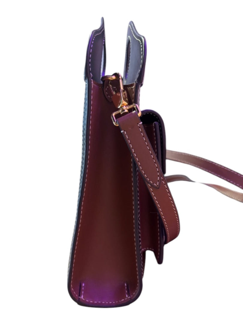 Posh Purse Co. Burberry brown leather tote crossbody bag with front pocket and contrast stitching.