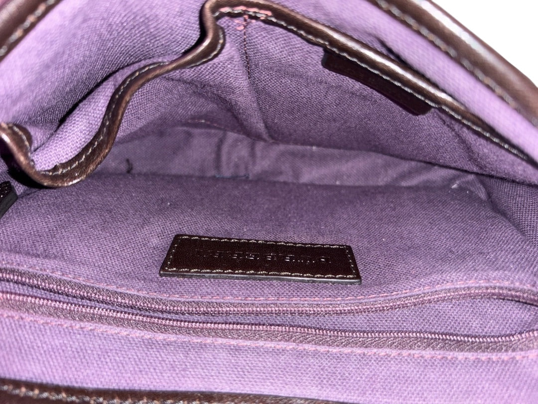 Posh Purse Co. Burberry canvas and suede crossbody bag interior with purple lining and leather logo tag.